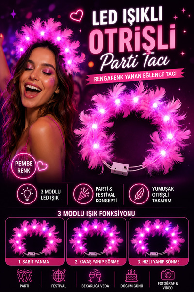 Tamsena Store LED Işıklı Pembe Otrişli Parti Tacı – 3 Modlu Rengarenk Yanan B...