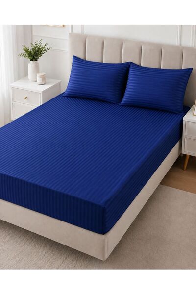 Sares Home Set de lenjerie de pat dublă din bumbac, culoare bleumarin, cu dun...