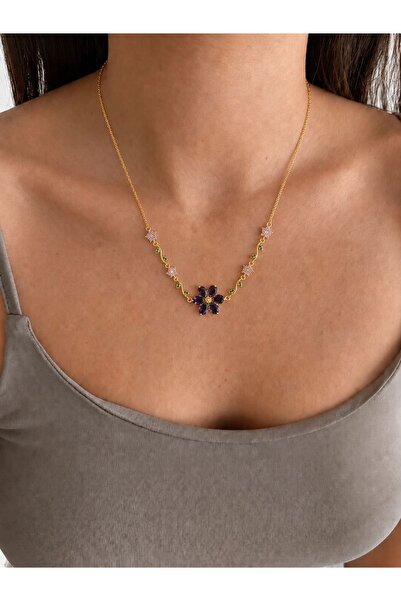 LEROSY CO. Flower Stone Detailed Necklace Women's Colorful Stone Chain Necklace