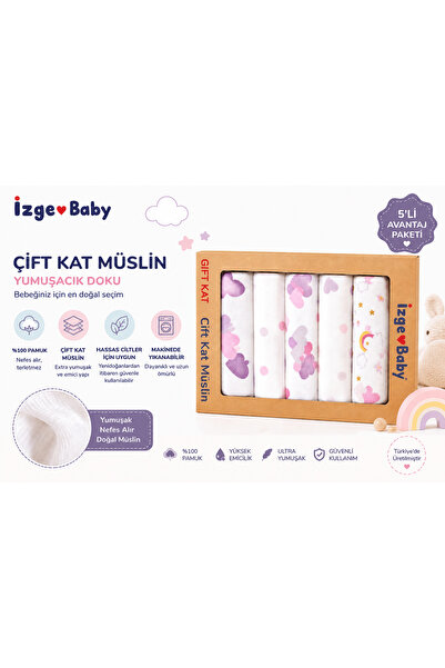 İzge Baby 5’li Çift Kat Müslin Mendil %100 Pamuk Yumuşak Bebek Ağız Bezi Seti