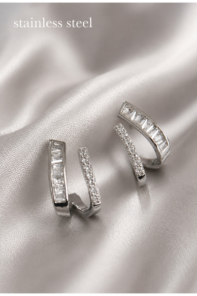 stainless steell Brass Silver Color Zircon Stone Earrings