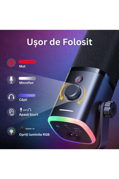 Velixo Microfon profesional USB/XLR cu stativ, cardioid, RGB, funcție Mute, reducere a zgomotului, pentru Streaming, YouTube, TikTok, Gaming, Podcast, Negru