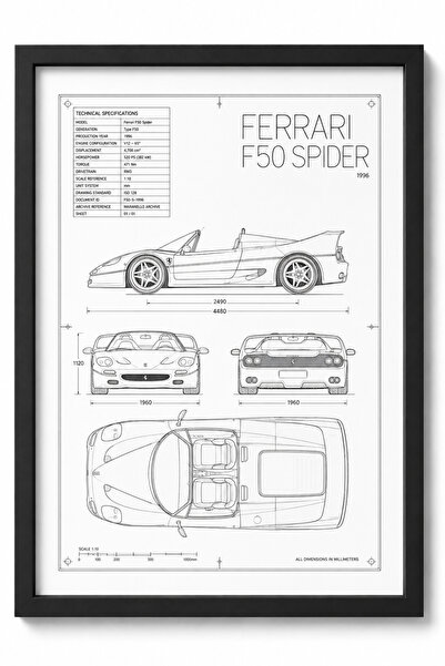 FERRARI F50 SPIDER Blueprint Line Art | Limited Edition A3 |
