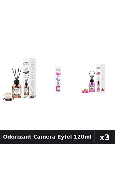 Eyfel Set 3 Odorizant Camera cu Betisoare 120ml - Cafea, Bubble Gum, Trandafir