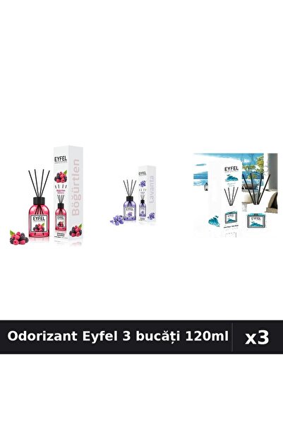 Eyfel Set 3 Odorizante Camera cu Betisoare - Fructe Pădure, Lavandă, Ocean 120ml