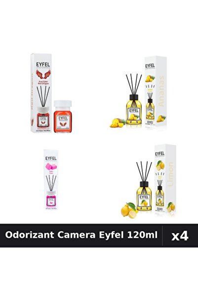 Eyfel Set 4 Odorizant Camera cu Betisoare - Ananas, Bubble Gum, Lămâie, Red D...