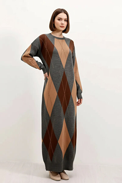 buğrahayalin Women's Round Neck Diamond Patterned Knitwear Gray Dress