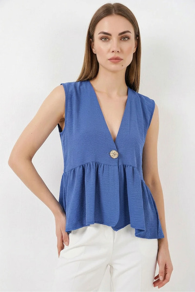 Efnaz style Women's V-Neck Gathered Waist Buttoned Saks Blouse