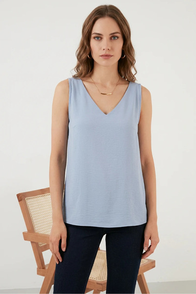 Şeker Portakalım Women's V-Neck Zero Sleeve Blue Blouse