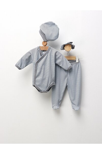 MiniKids Set 4 piese bebe, cu dungute, albastru-gri