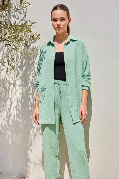 buğrahayalin Women's Shirt Collar Gathered Waist Oversize Mint Two-Piece Set