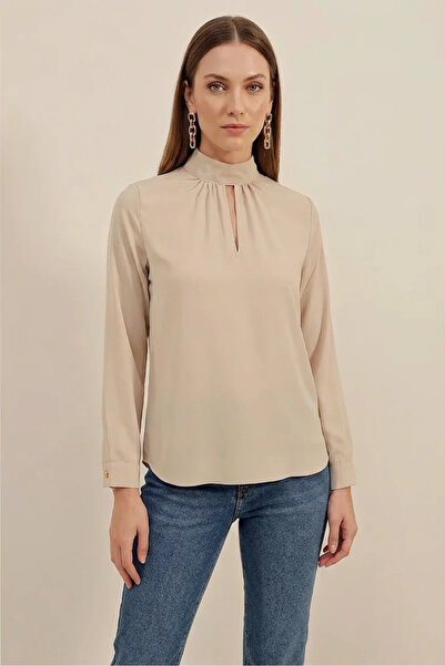 buğrahayalin Women's High Collar Beige Blouse with Window Detail