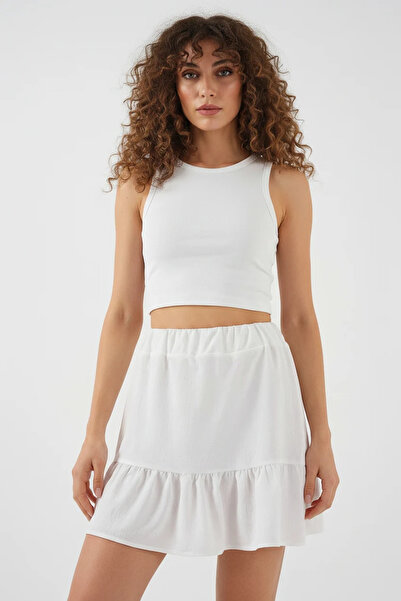 buğrahayalin Women's Round Neck Ruffled Hem White Skirt