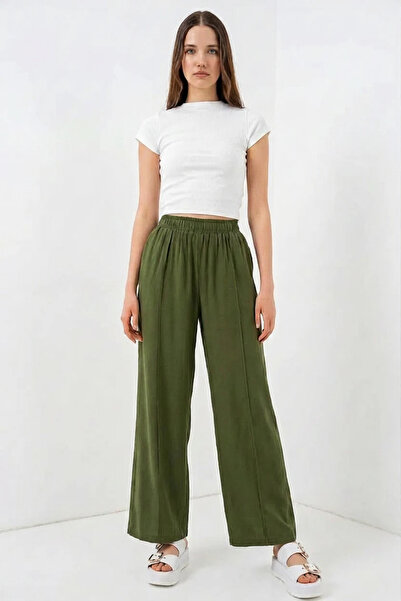 Efnaz style Women's Elastic Waist Wide Leg Khaki Palazzo Trousers