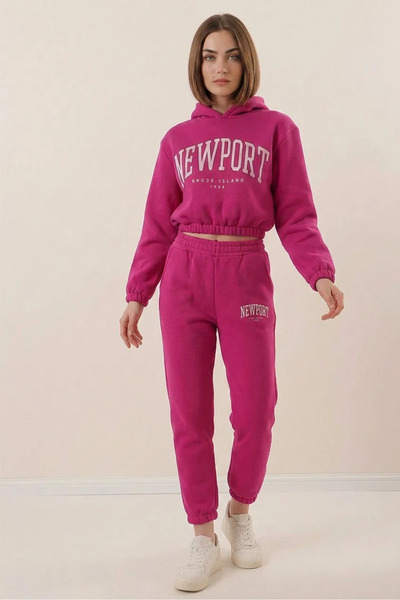 buğrahayalin Women's Hooded Printed Cotton Fuchsia Tracksuit Set with Elastic...