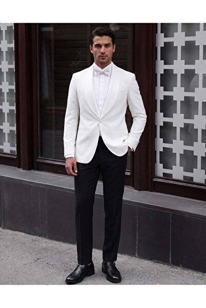 HC MEN CLASSIC Erkek Beyaz Şal Yaka Slim Fit Smokin Damatlık
