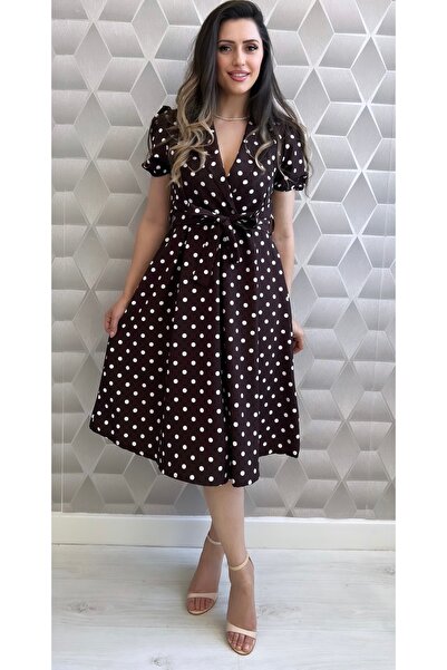 styleFlex Elegant Polka Dot Day Dress with Stretchy Waist and Drawstring
