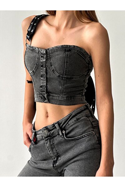 MAYKOT Kadın Füme Denim Straplez Korse Büstiyer Düğmeli Crop Top
