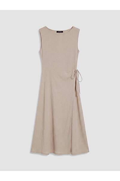 LC Waikiki Nevavm Oval Neckline Waist-Slit Gathered Dress with a Difference