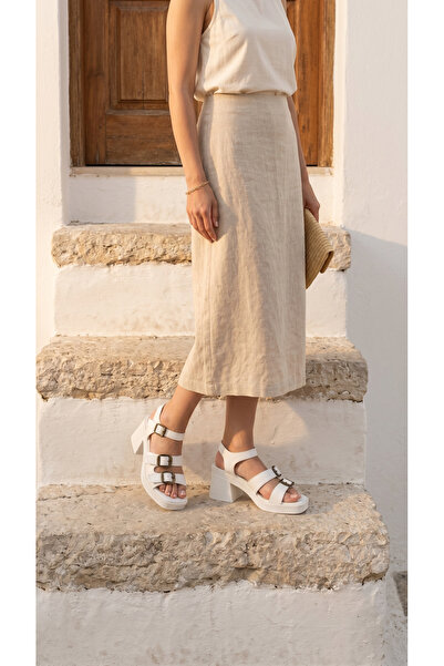 Limeo Women's summer sandals with front double strips and buckles skin high d...