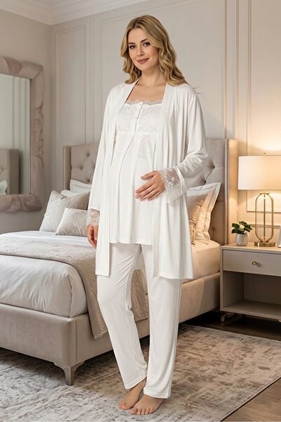 BLACKMORE Women's Ecru Cotton Lace Detailed Maternity Pajama Set with Dressin...