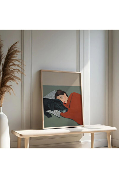 Tuba Decor Tablou într-o singură bucată cu ramă din lemn, fată dormind cu câi...