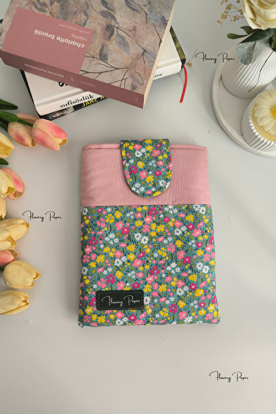 Flowery Paper Pembe Çiçek Kitap Çantası,Kılıfı Kitap Ayracı Book Cover Pamukl...