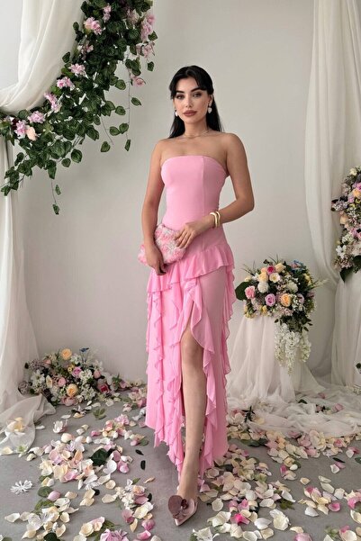 Caddebostan Moda Strapless Slit Ruffle Long Evening Dress Graduation Engageme...