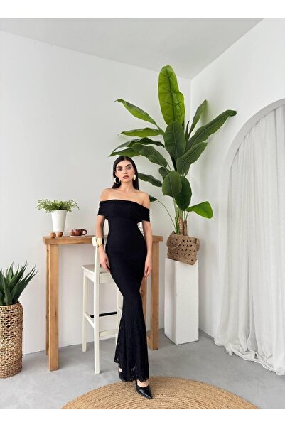 Caddebostan Moda Strapless Neckline Lace Detailed Long Evening Dress Graduati...