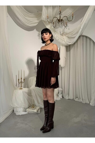Caddebostan Moda Strapless Neckline Long Sleeves Chiffon Mini Dress with Ruff...
