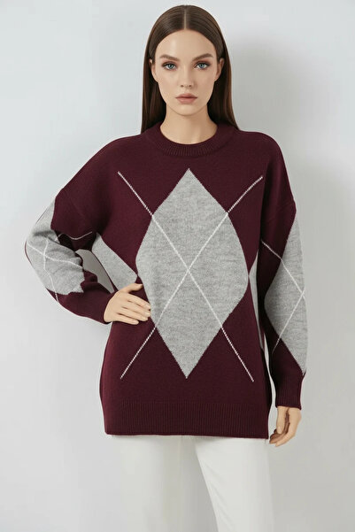 buğrahayalin Women's Round Neck Oversize Diamond Patterned Knitwear Burgundy ...