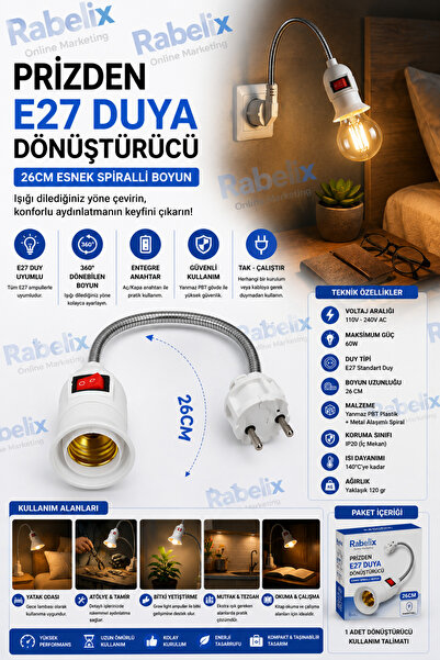 Rabelix Online Marketing Prizden E27 Duya Dönüştürücü Anahtarlı Spiralli Esne...