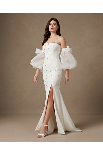 NO BRAND Vrn-Drs-029 |   Evening Dress with Tulle Sleeves Embellated with Rhi...
