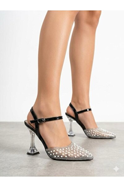 Lütfi Women's Black Pearl Detailed Transparent Thin Heeled Shoes