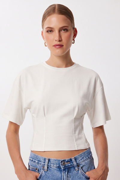 Lovelyİstanbul Waist-Fitted Cotton Knitted Blouse Lub0356 Ekru