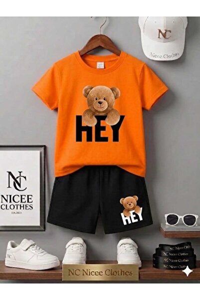 NC Nicee Clothes Summer Children's T-Shirt Shorts Unisex (Black Hey Bear Print)