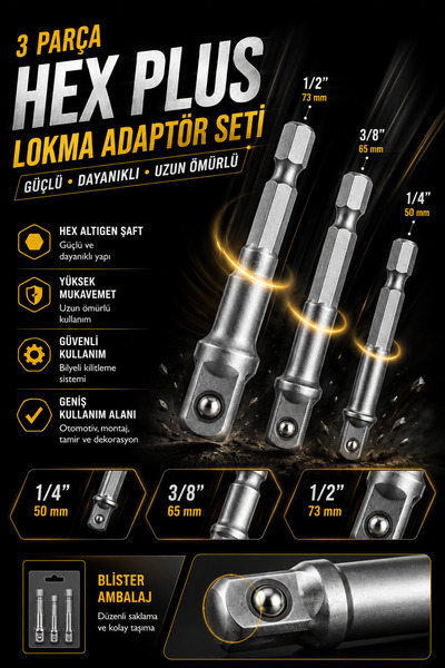 Zephoo 3 Parça Hex Plus Lokma Adaptör Seti 1/4" 3/8" 1/2" Altıgen Şaftlı Lokm...