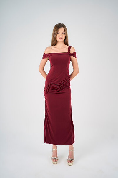 ALBADR Dark Red Long Dress with Off-The-Shoulder Design.