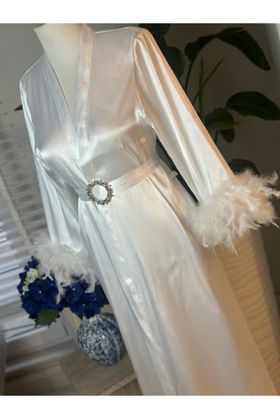 By Serpil Şener Ecru Silk Satin Feathered Maternity / Postpartum & Bridal Dressing Gown - Belt Brooch Detail