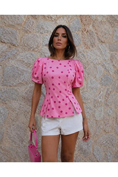 LOKADI Women's Pink Polka Dot Balloon Sleeve Bustier Blouse