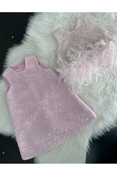 İlknur Karaca Design pembe boncuklu elbise ve crop ikili takım elbise abiye