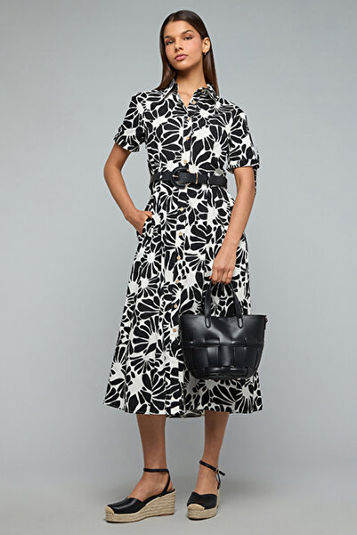 R&B Floral Printed Shirt Dress with Short Sleeves