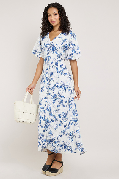 R&B Printed Maxi Dress with V-Neck and Balloon Sleeves