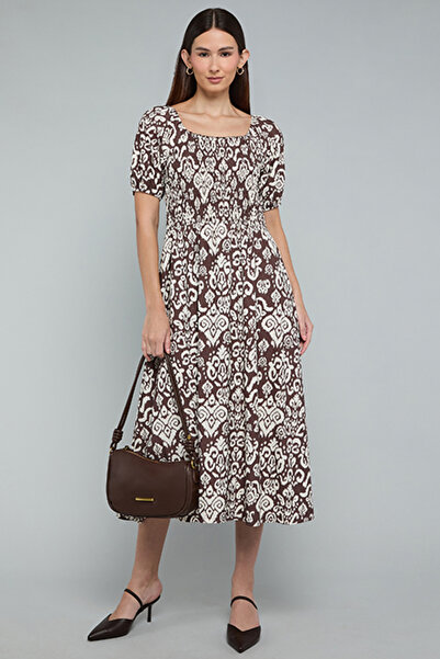 R&B Patterned Midi Dress with Square Neck and Puff Sleeves