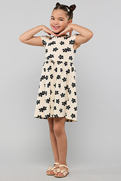 R&B Floral Printed Dress with Crew Neck and Cap Sleeves