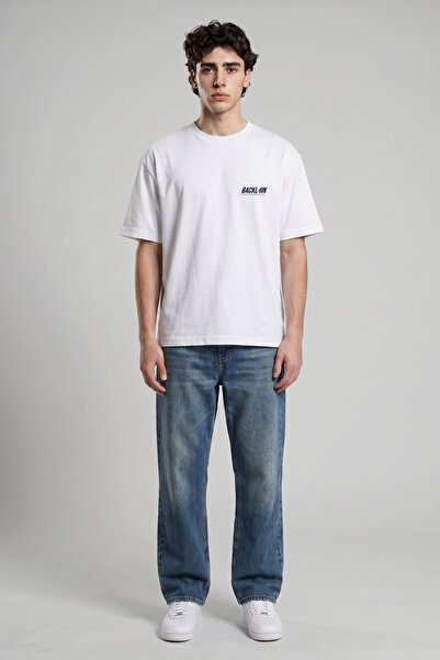 BACKLAİN Mod Style White Oversize Printed T-Shirt 100% Cotton Casual Style