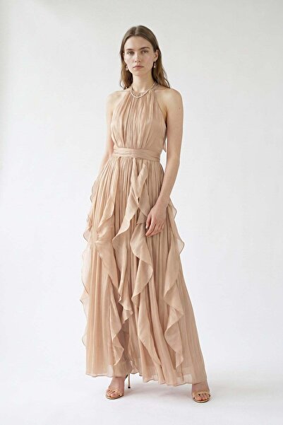 Lencie Flywheel Detailed Evening Dress Beige
