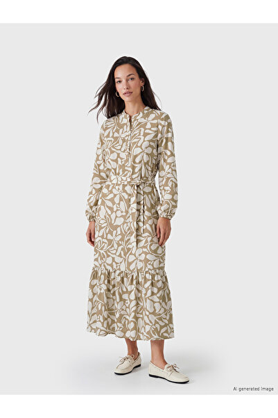 LC Waikiki Green Judge Collar Patterned Belted Dress