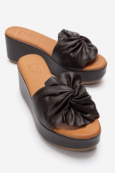 LuviShoes Γυναικείες παντόφλες με τακούνι JEFF Brown Skin από γνήσιο δέρμα με...