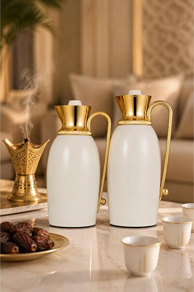 Generic طقم ترامس ابيض بتصميم بيضاوي فريد وتفاصيل ذهبية مذهلة بسعة (1 لتر + 0...